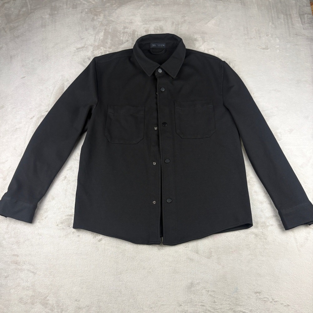 Zara Men Black Snap Button Overshirt Jacket Textured Pockets Size M
